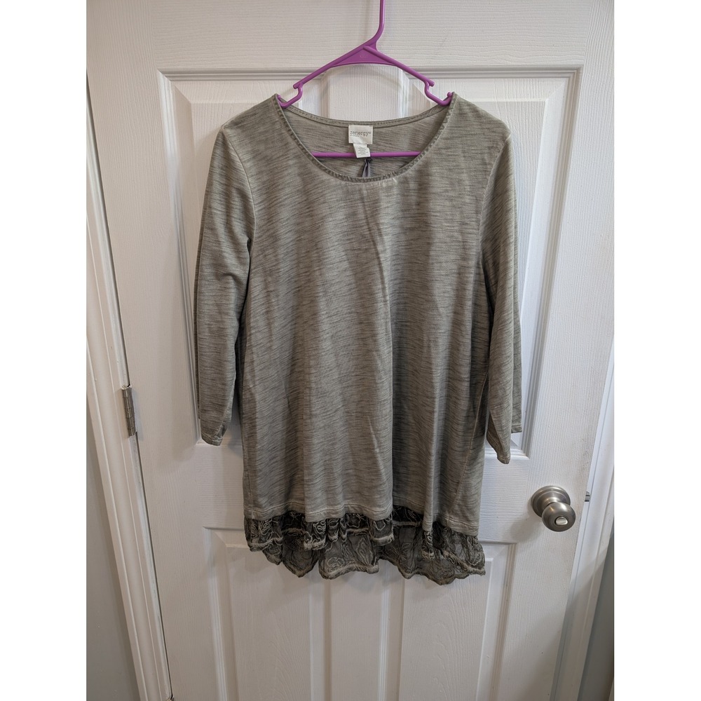 Zenergy‎ by Chicos Tunic Top Womens Olive Green NWT Lace Hem Slub Knit - Size 2